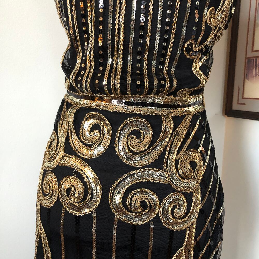 Black Gold Sequin Fringe Dress S Dance Party NYE Gatsby 1920 Flapper Costume NEW - Picture 9 of 12